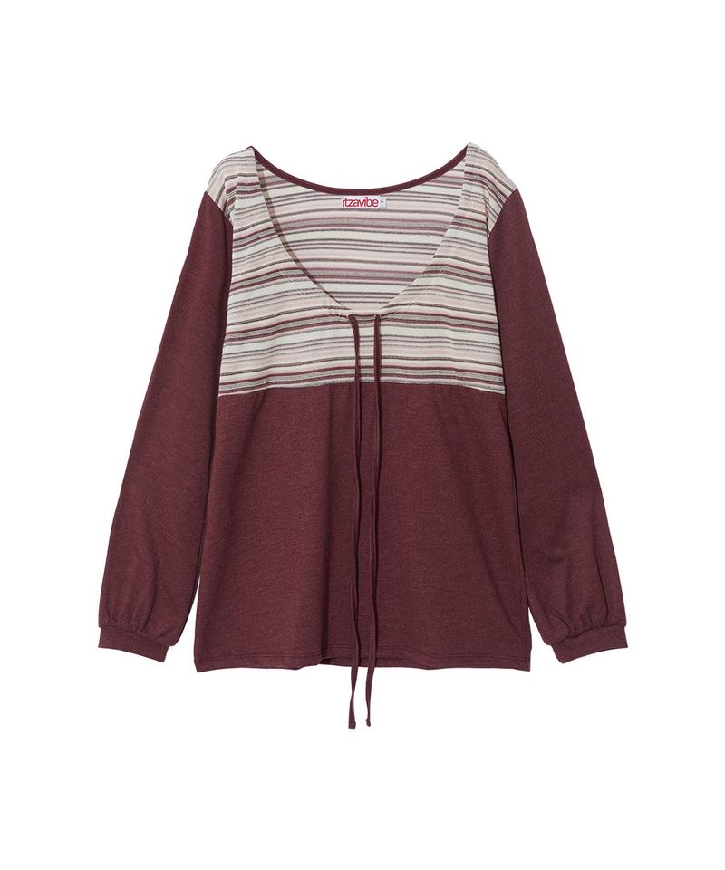 STRING STRIPE SHIRRING LONG SLEEVE - BURGUNDY