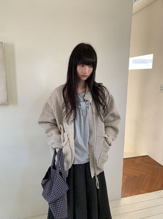 [unisex] Kamba Pocket Collar Cable Knit Zip-Up