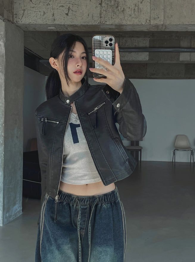 Oul vintage washing biker leather jacket