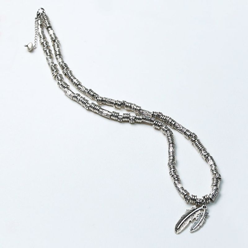 feather & antique silver beads necklace