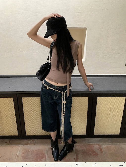 Retro straight capri denim pants