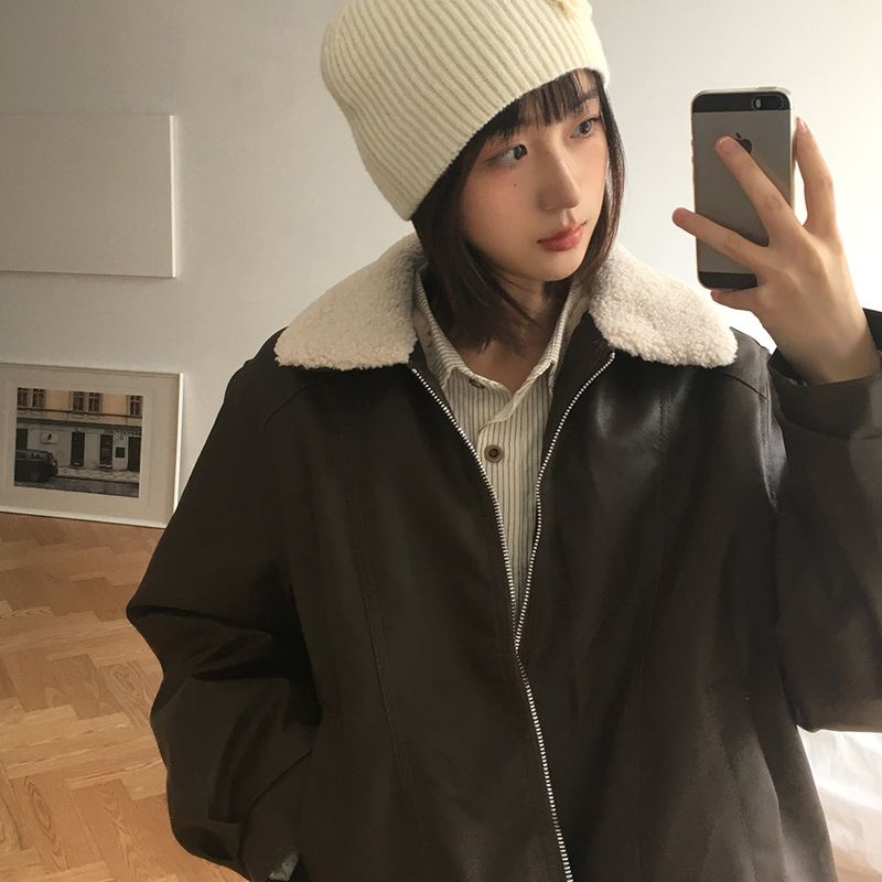 Zizhen wool loose fit leather suede jacket