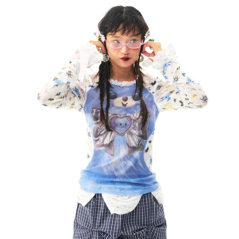 Sillysis（シリシス）の「sillysis 青い小犬プリントゆったり伸縮性メッシュ長袖インナー薄手Tシャツ（トップス）」