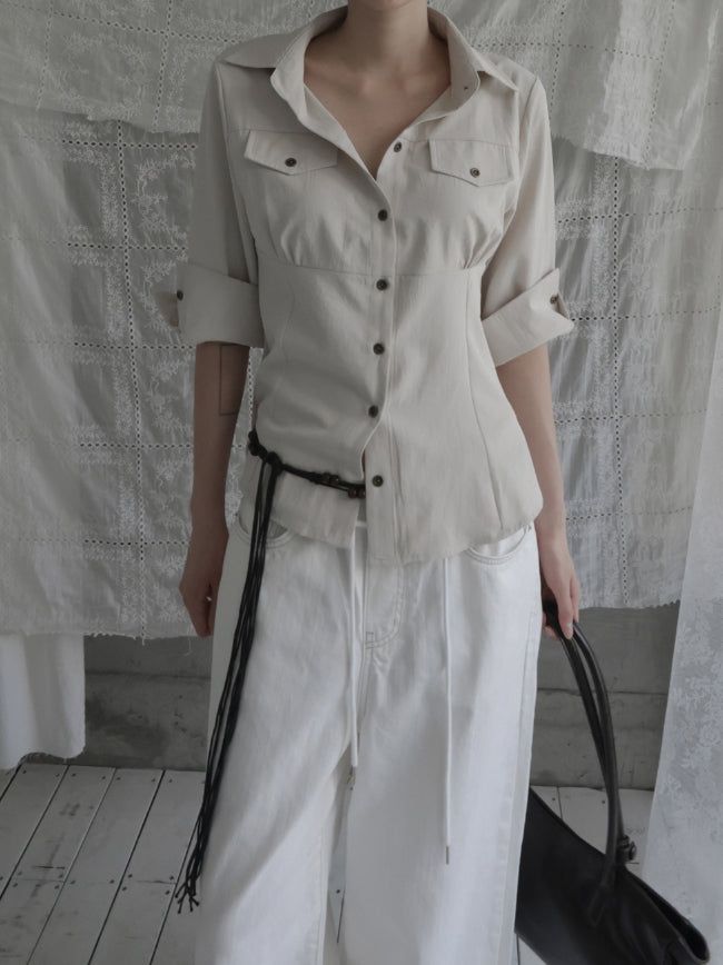 mnem(ムネム)の「Sareon Open Collar Three QuarterShirt(Tops)」