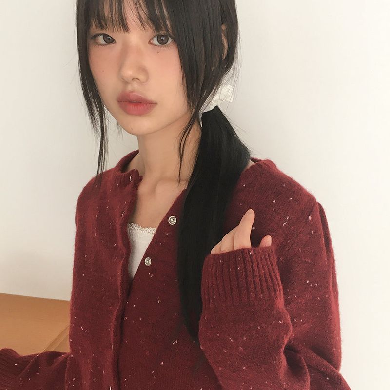 [Strawberry🍓] トーンウールボカシスナップボタンシャーリングニットカーディガン
