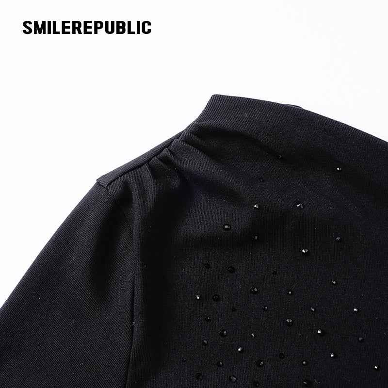 Black Rhinestone Embellished Cotton Blend Asymmetrical Off-Shoulder Long Sleeve Knit Top for Women