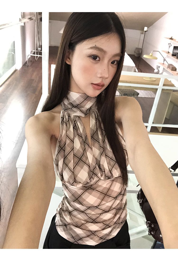 chiffon checkered halter neck sleeveless blouse top