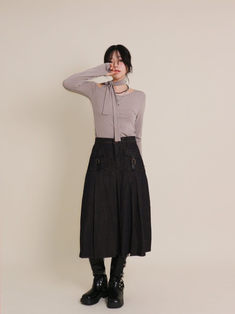 (Napping T-shirt) Euren One Shoulder Ribbon Tie Long-Sleeved Warmer T-Shirt