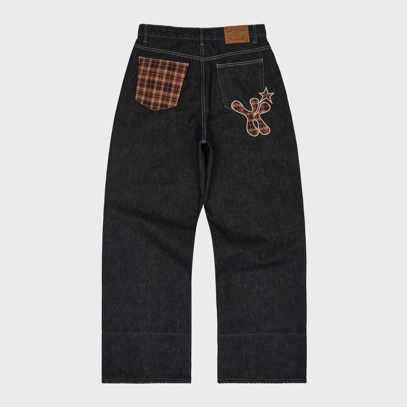 Check Applique Roll Up Row Indigo Denim Pants