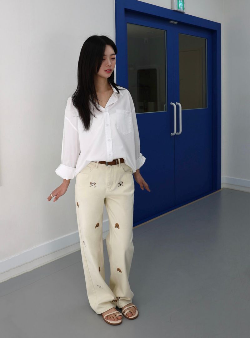 PUPPY EMBROIDERED CREAM DYED STRAIGHT DENIM code 26226