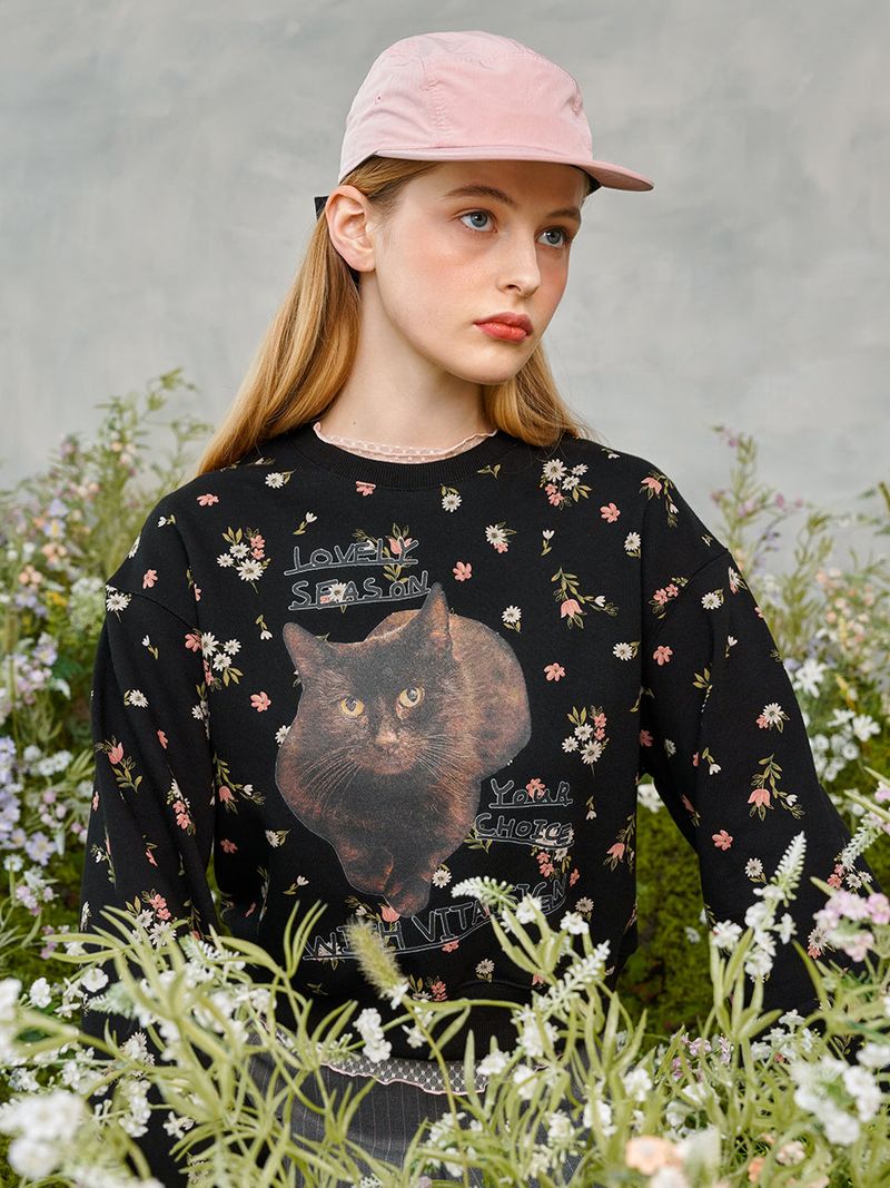 VITALSIGN(バイタルサイン)の「Flower Cat Lettering Sweatshirt (Black)(Tops)」