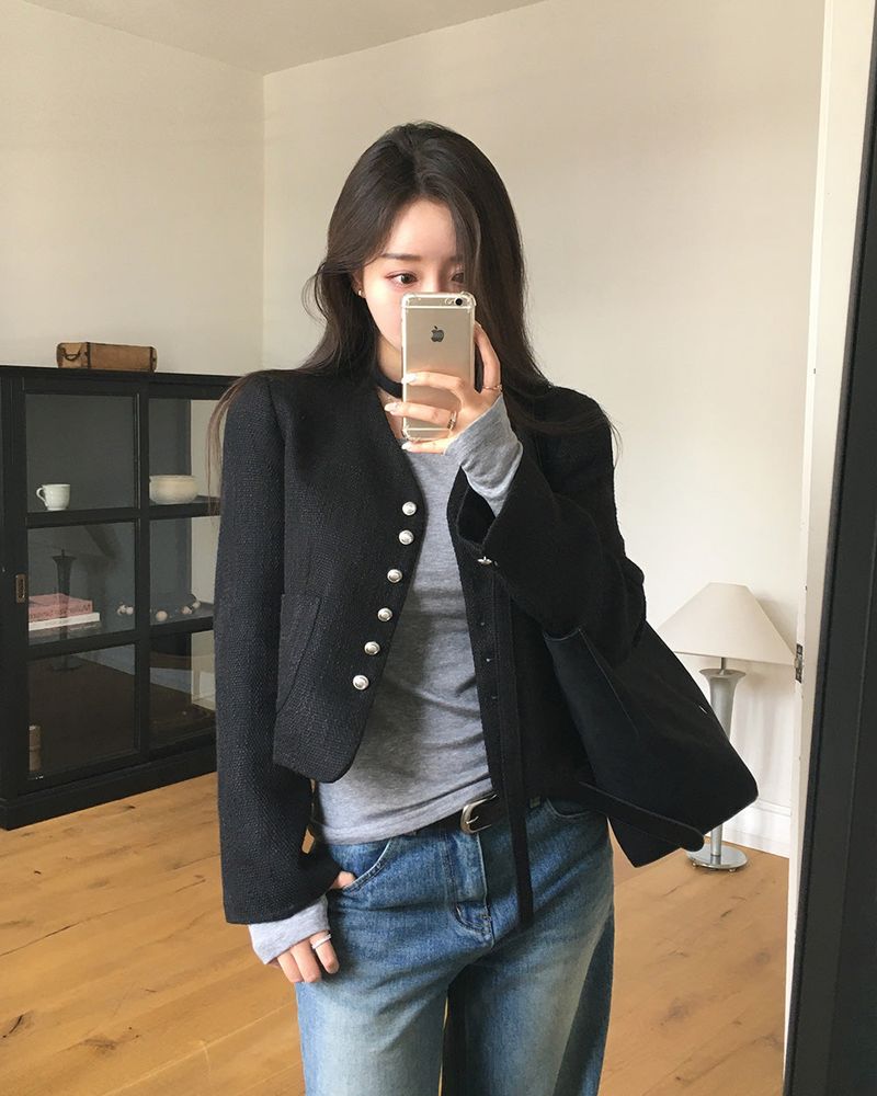 No-Collar Tweed Jacket with Tie Set