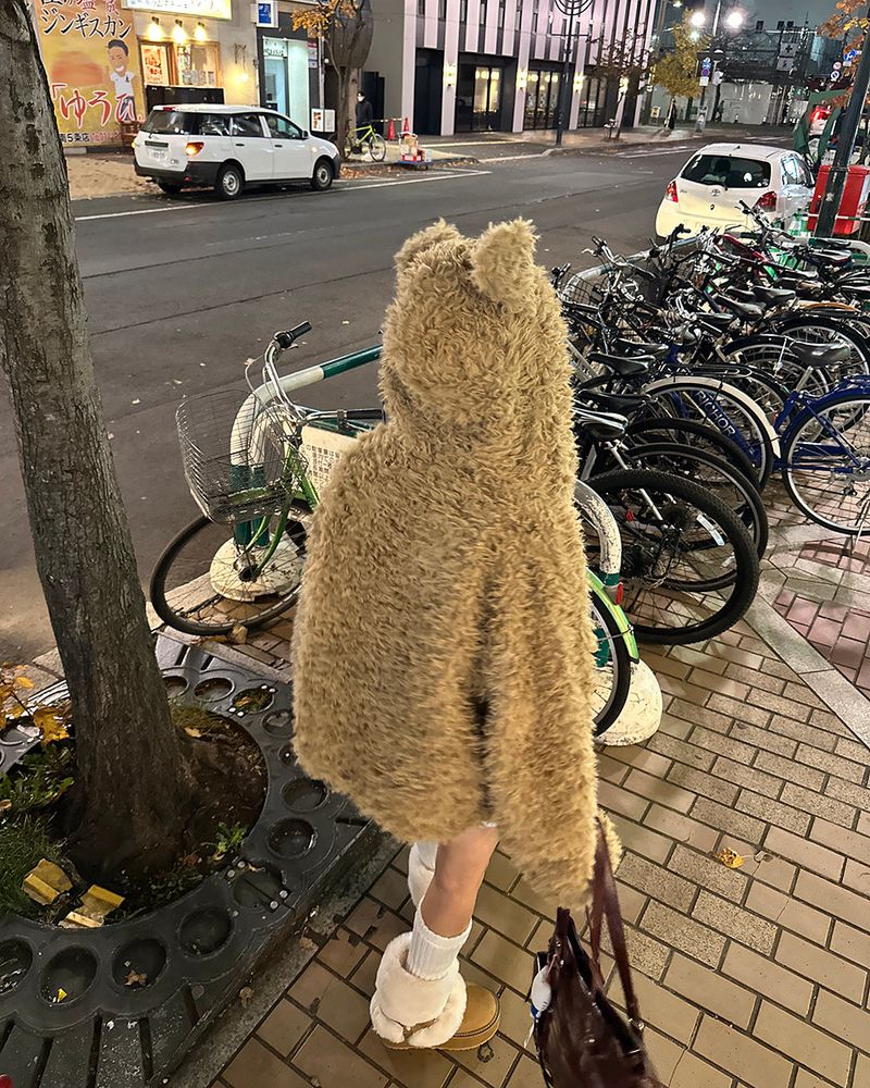 Rabbit ear hood zip-up soft fur jacket