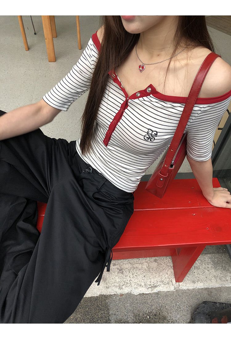 Red Line Stripe Off-Shoulder Top