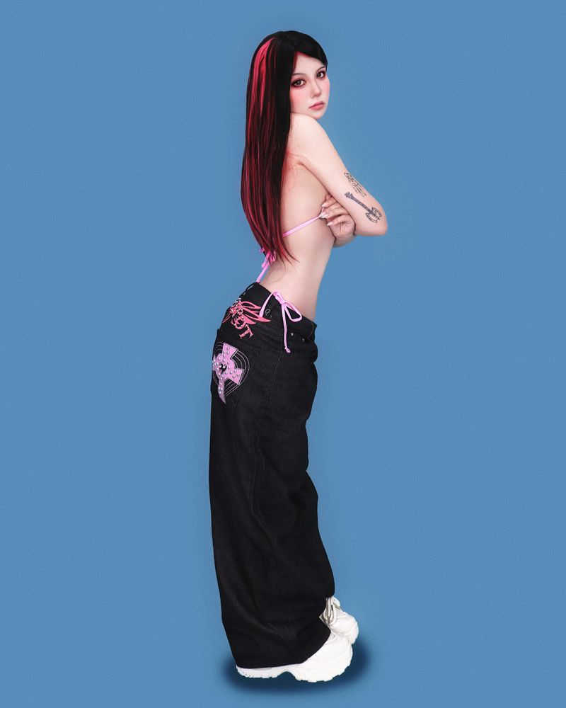 pink stone black denim pants