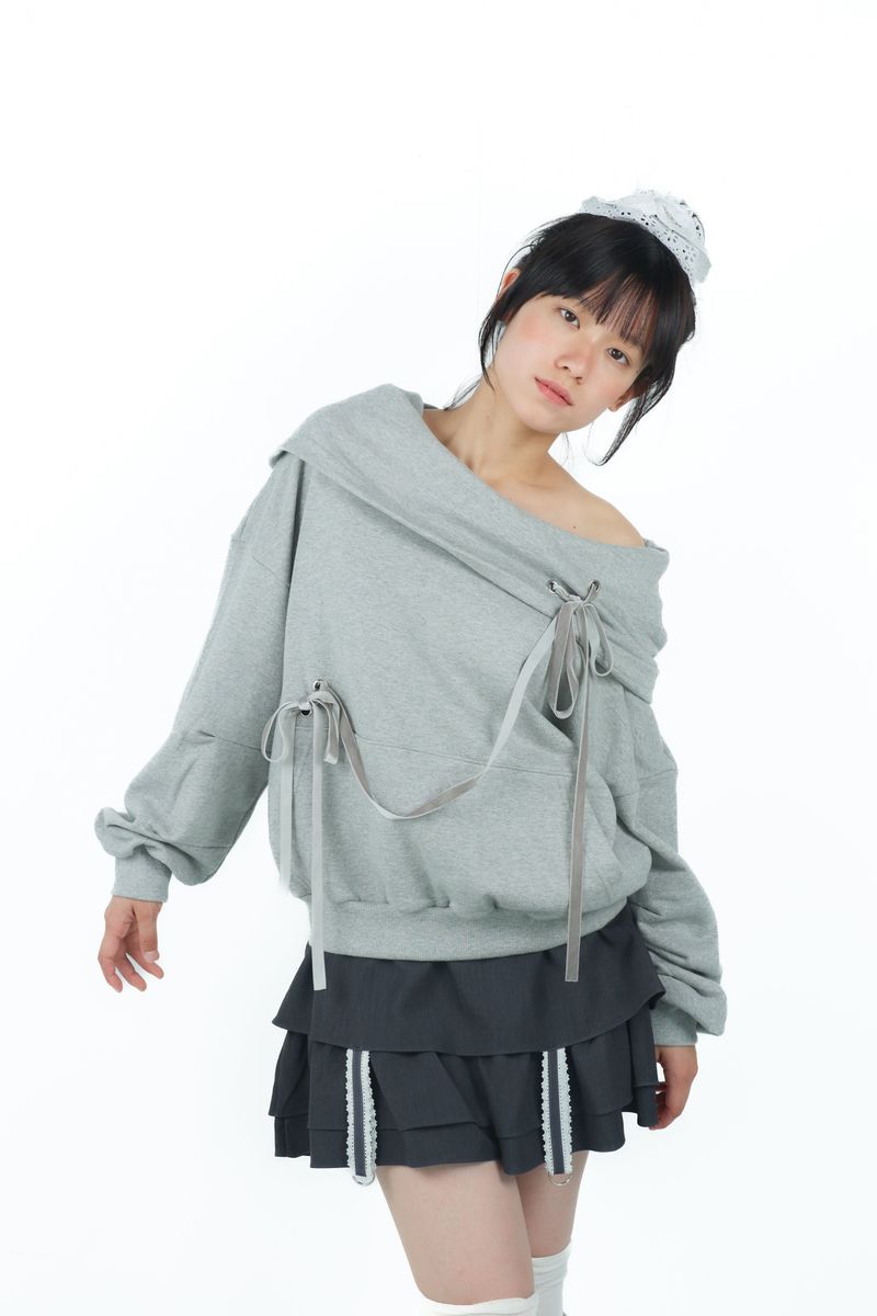 offshoulder ribbon hoodie(gray)
