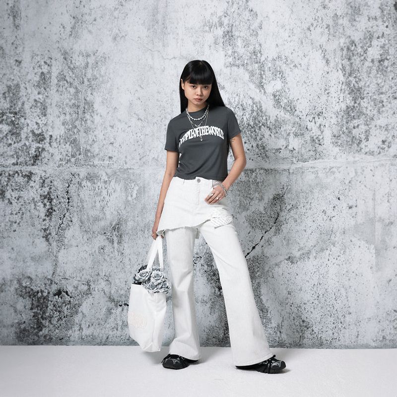Herringbone Damage Cutting Skirt Pants (WHITE)