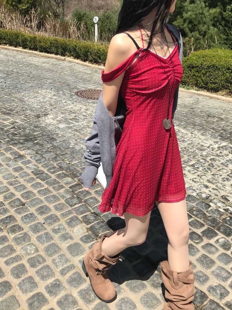 Cherry Kiss Dot Shirring Halter Mini Dress