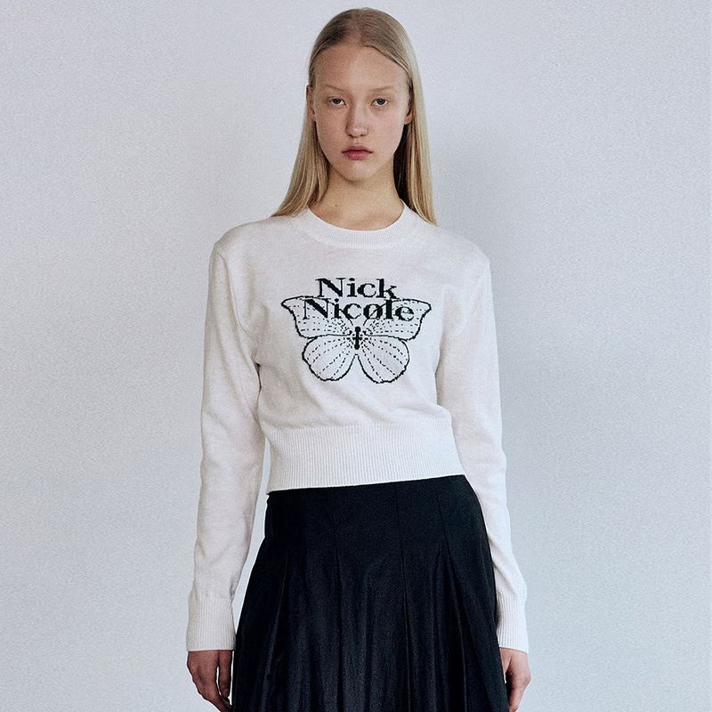 CASHMERE BUTTERFLY SIGNATURE CROP KNIT_IVORY BLACK
