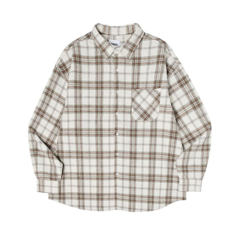 Loose wool check shirts Beige