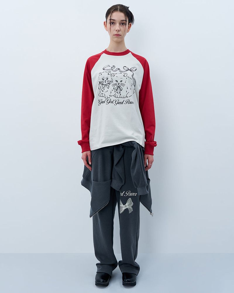 RIBBON CATS RAGLAN LONG SLEEVE-RED
