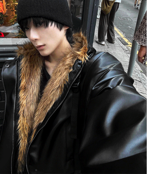 Zeoni fur trim hooded dark black leather jumper