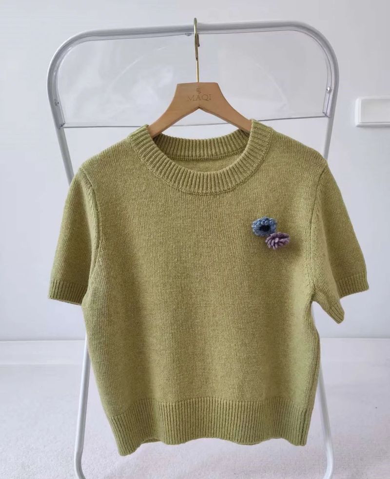 [1+1 Special] Tours Flower Decor Round Neck Wool Short Sleeve Knit