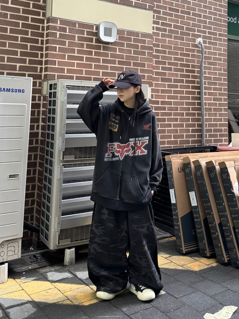 washed racing zip-up hoodie
