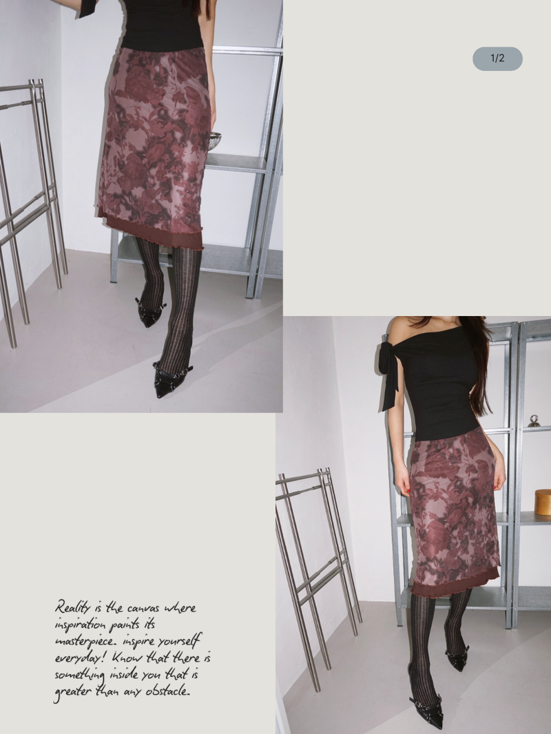 burgundy flower midi skirt