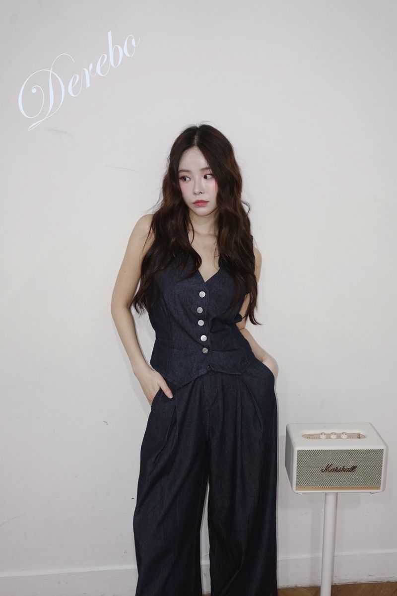 Dark blue denim vest pants two-piece