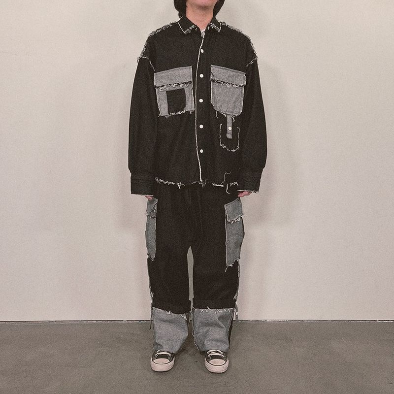 grunge roll-up denim pants_black