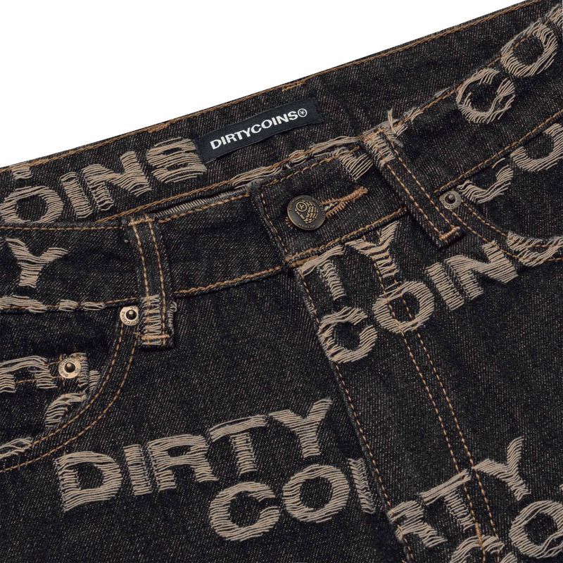 Frayed Logo Baggy Denim Pants - Black