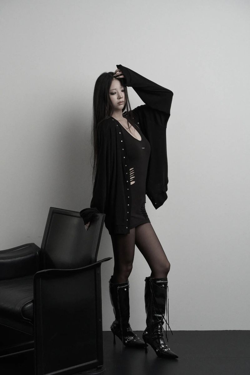 [label] wool rivet overfit open cardigan (black)
