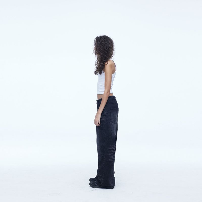 Double Knee Carpenter Wide Denim Pants Black