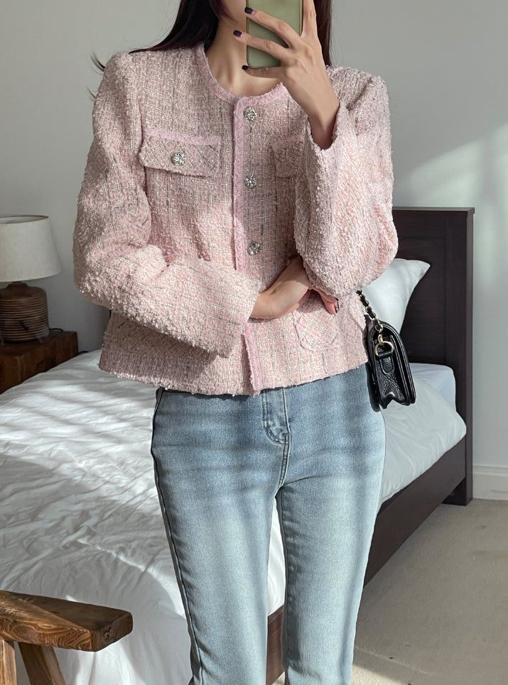 Lock color matching round pearl tweed jacket