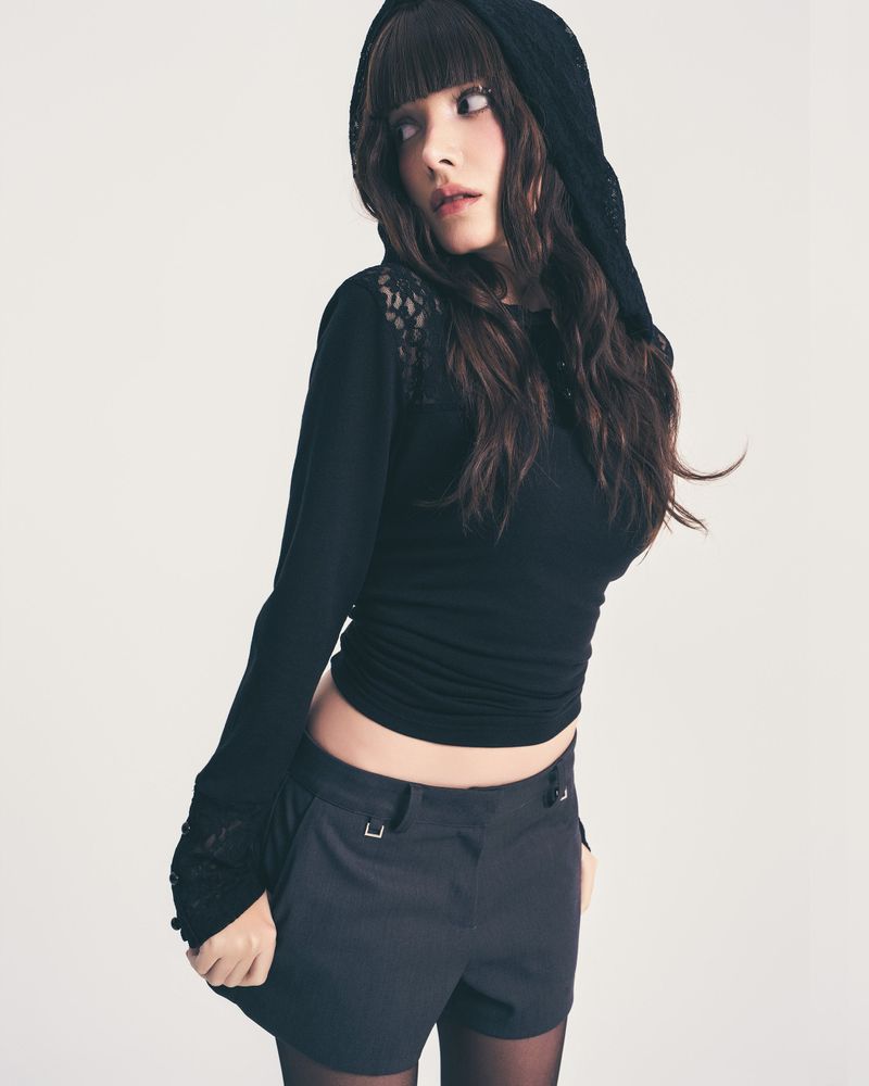 button lace hoodie top long ver. / black