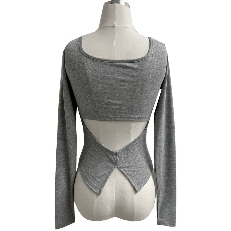 Cutout Back Slit Round Neck Long Sleeve Tee (4 Colors)