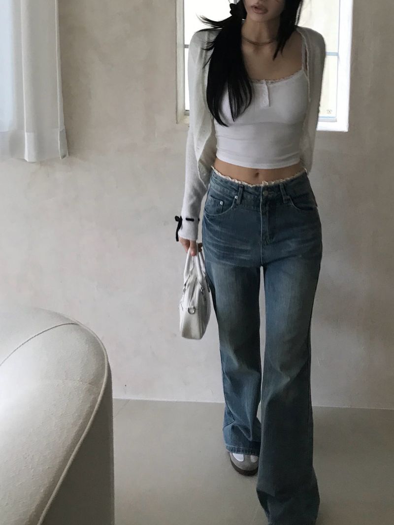 Pomel Lace Trimming Semi Bootcut Pants