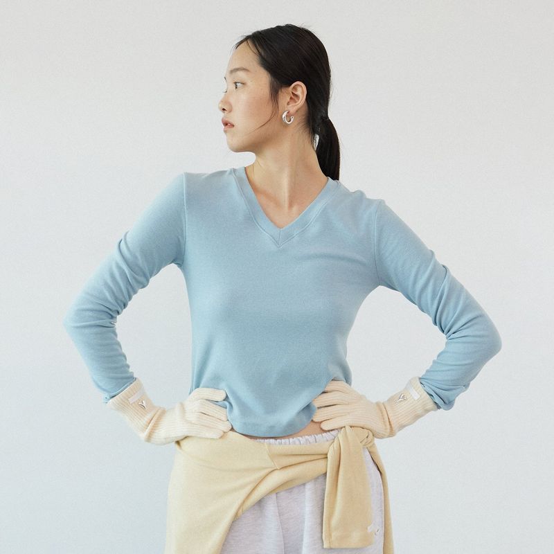 Wool V-neck daily long sleeve_sky blue