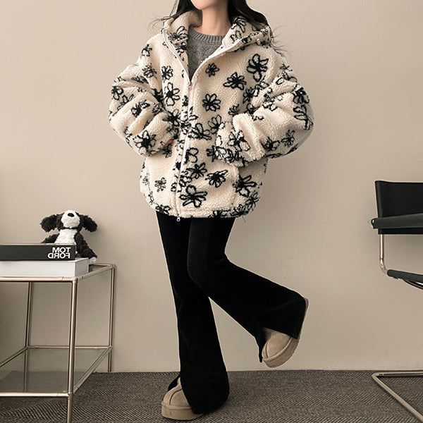 Flower Oversized Dumble Hood Zip-Up Jumper
