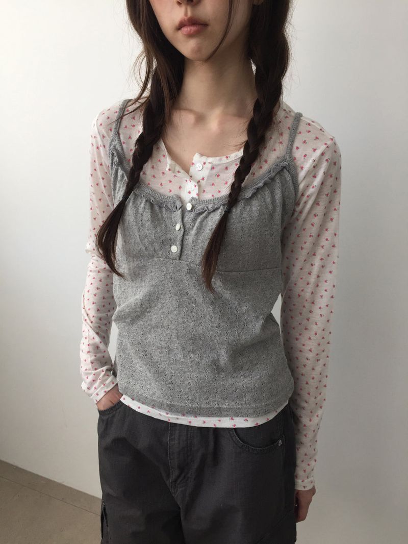 French punched button sleeveless top (4color)