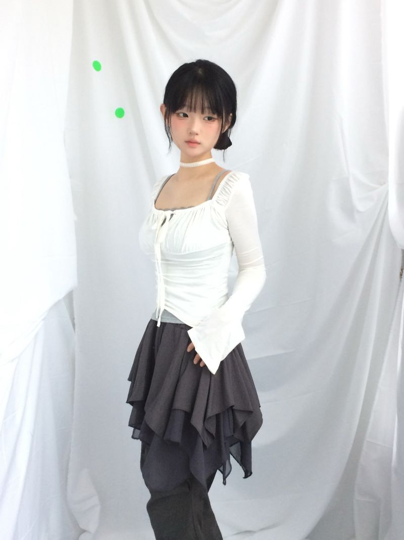 Slim Fit Ribbon Shirring Top