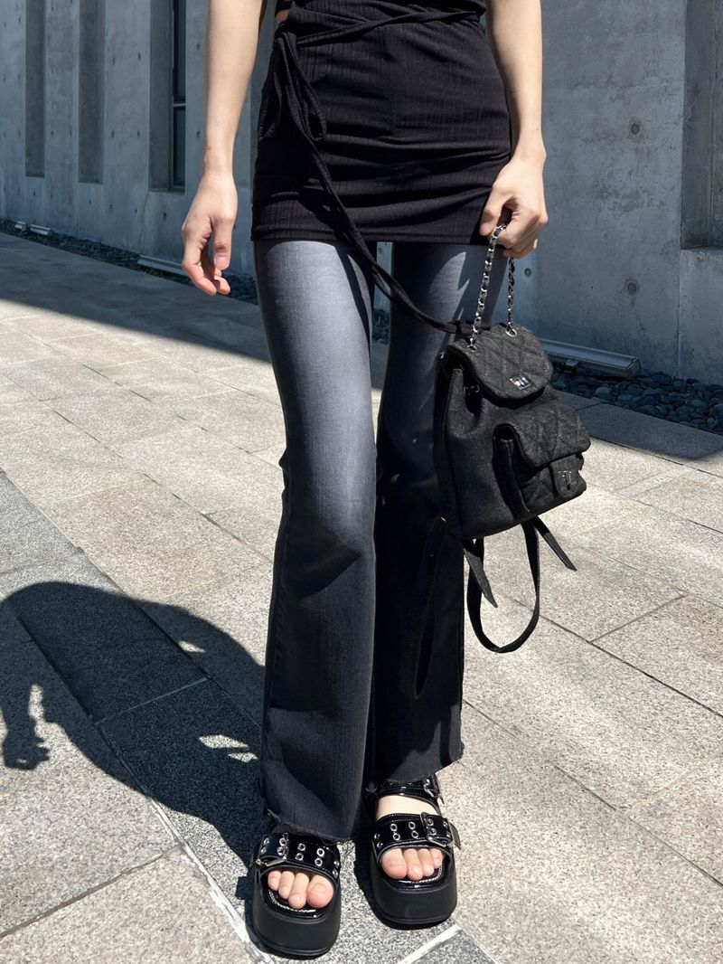 Gradient Washed High Waist Span Long Bootcut Denim Pants (Black)