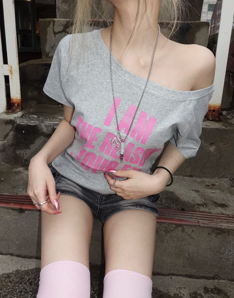 Y2K Pink Lettering One-Shoulder T