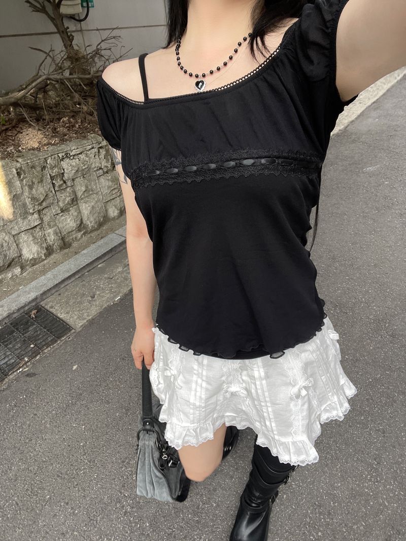 Tommy off-shoulder ribbon sheer top