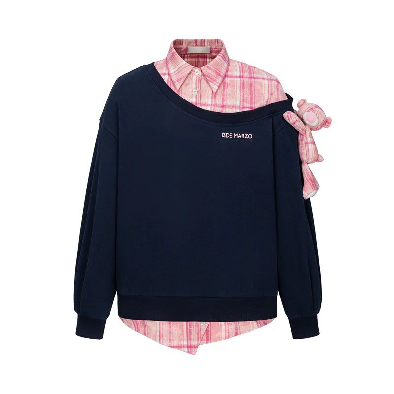 13DE MARZO Splicing Shirt Asymmetrical Shoulder Sweat