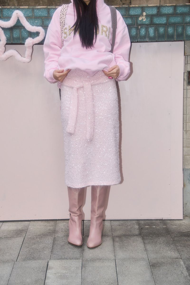 GLITTER SPANGLE KNIT SKIRT (PINK)
