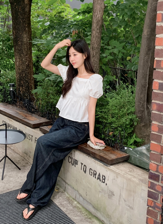 Square Puff Ribbon Short Sleeve Blouse (2color)