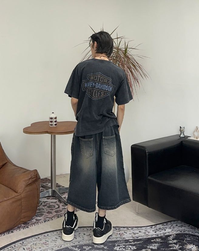 Epearl pintuck Bermuda denim pants