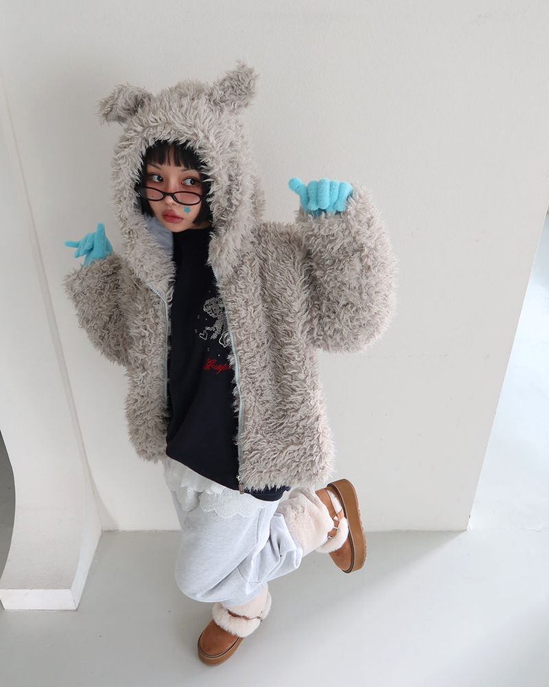 Rabbit ear hood zip-up soft fur jacket